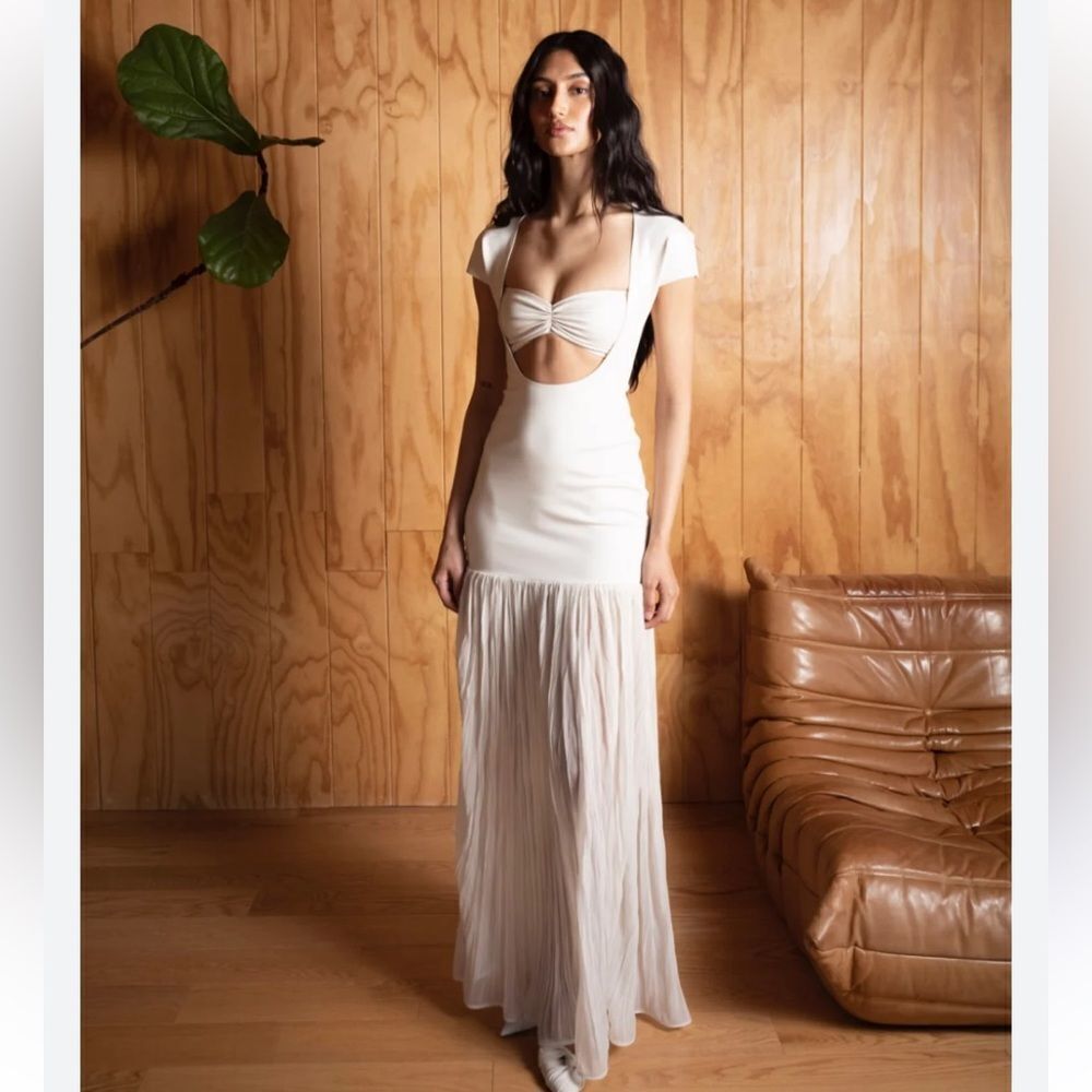 Delfi Collective Nova Dress Ivory Cream crepe Maxi Dress cut out Revolve NWT S
